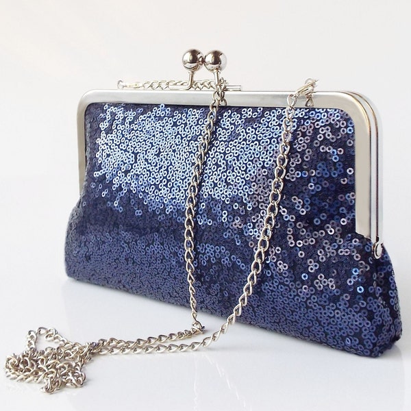 evening clutch, sequin clutch, navy blue evening bag with chain, sparkly clutch bag