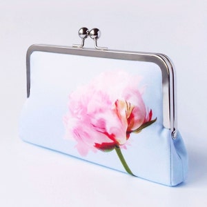 clutch bag, blue wedding purse, floral clutch bag, Summer wedding clutch with pink peony flower