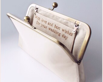 personalised bridal purse, wedding clutch, champagne silk handbag for the bride with special message