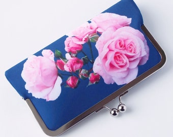 floral clutch bag, navy blue evening bag, clutch purse with pink roses on blue, personalised birthday gift