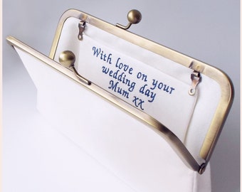 personalised bridal clutch, wedding clutch bag, ivory purse for the bride with special message or quotation