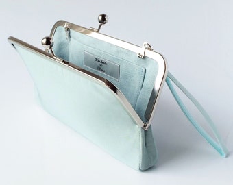 bridal clutch bag with wristlet, blue bridal purse, something blue for the bride, silk wedding clutch