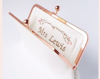 personalised bridal purse, ivory wedding clutch bag, rose gold wedding bag for bride