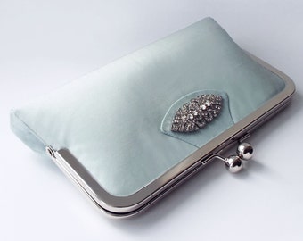 blue wedding clutch, bridal purse, Art Deco wedding bag with chain or wristlet