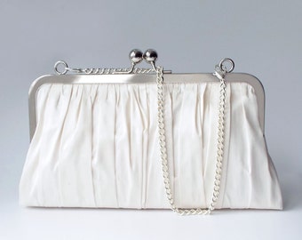 bridal clutch, ivory wedding day bag, gift for the bride, silk handbag with chain for romantic wedding