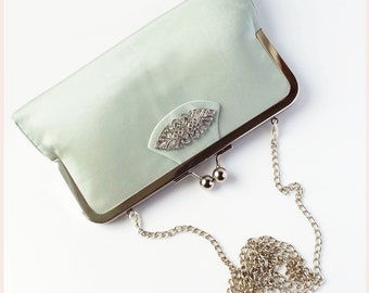 clutch purse, evening bag, sage green clutch bag with chain for Art Deco wedding