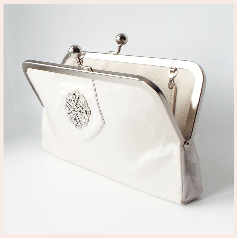 bridal clutch, wedding purse, greige silk evening bag with diamante trim image 9