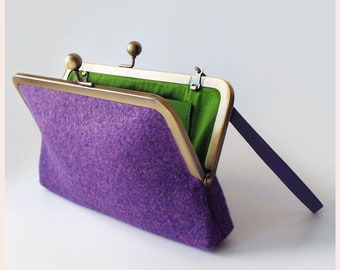 purple clutch bag, Harris Tweed purse with chartreuse green lining, small handbag