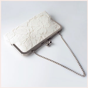 lace bridal clutch, ivory wedding purse, personalised gift for the bride bag & chain handle