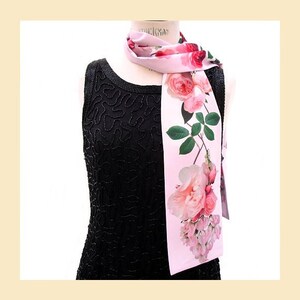 floral neck scarf with pink roses and sweet peas botanical print