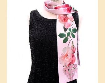pink scarf, evening scarf with pink roses print for summer wedding, floral neck scarf with botanical print