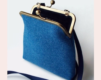 blue Harris Tweed crossbody bag, small messenger bag, personalised gift for friend