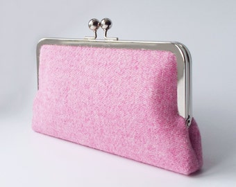 pink clutch purse, Harris Tweed bag, Autumn wedding gift for her