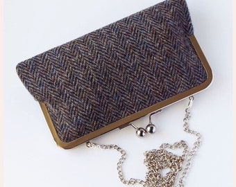 brown clutch bag, Harris Tweed wool purse, small handbag with chain, personalised Birthday gift for her