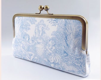 clutch bag, blue and white clutch purse, small bag with chain in toile de jouy