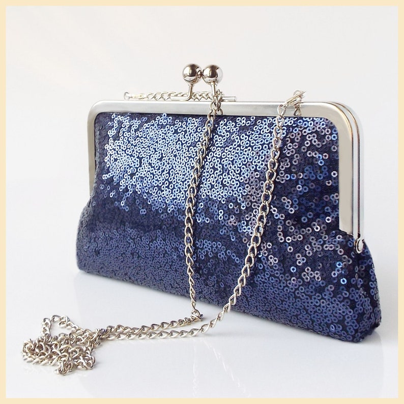 evening clutch, sequin clutch, navy blue evening bag with chain, sparkly clutch bag 