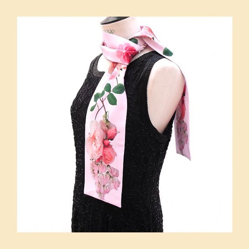 pink scarf, evening scarf with pink roses print for summer wedding, floral neck scarf with botanical print image 2