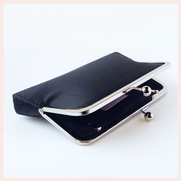 evening clutch bag, black and silver purse with shoulder chain or wristlet, small silk handbag