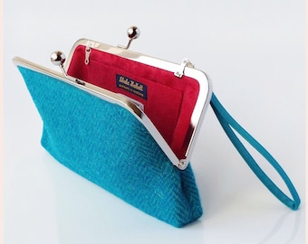 teal and turquoise clutch bag, Harris Tweed purse in wool herringbone, handmade gift for her