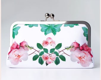 wedding clutch bag, white and pink floral evening purse, handmade personalised handbag with pink roses