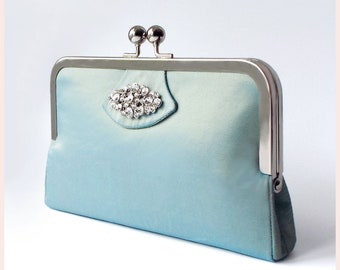 Art Deco clutch bag for mother of the groom, teal blue silk purse for wedding day, handbag with sparkly diamante for special occasion