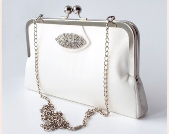 ivory shoulder bag in silk, bridal purse with shoulder chain, Art Deco wedding handbag with optional personalisation