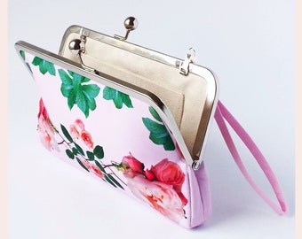 wedding clutch bag, pink floral clutch, bridesmaids clutch, handmade evening purse with pink roses