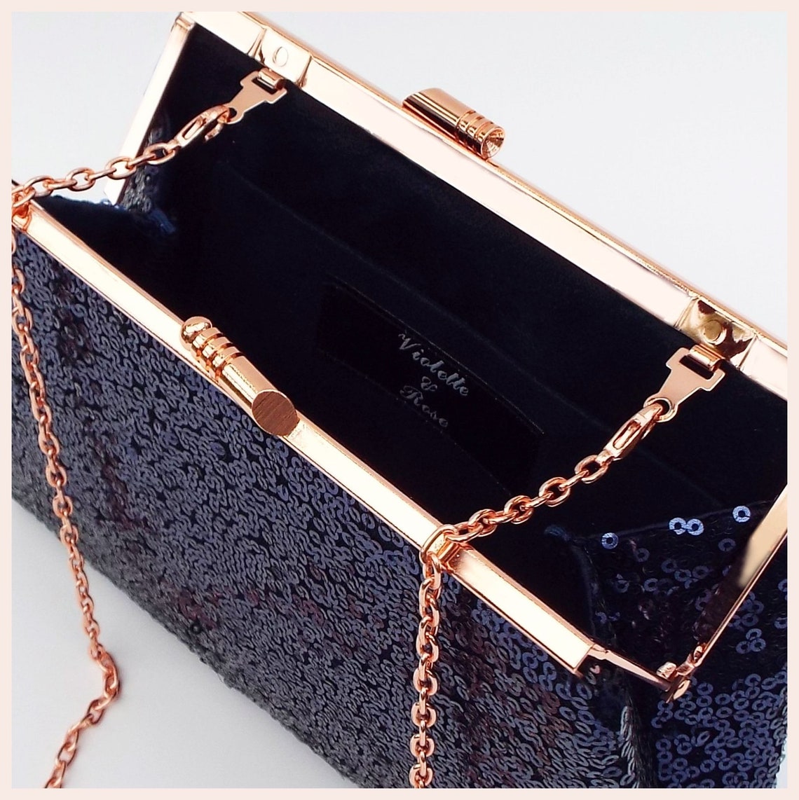 Navy Evening Clutch Rose Gold Sequin Bag With Chain Sparkly Etsy