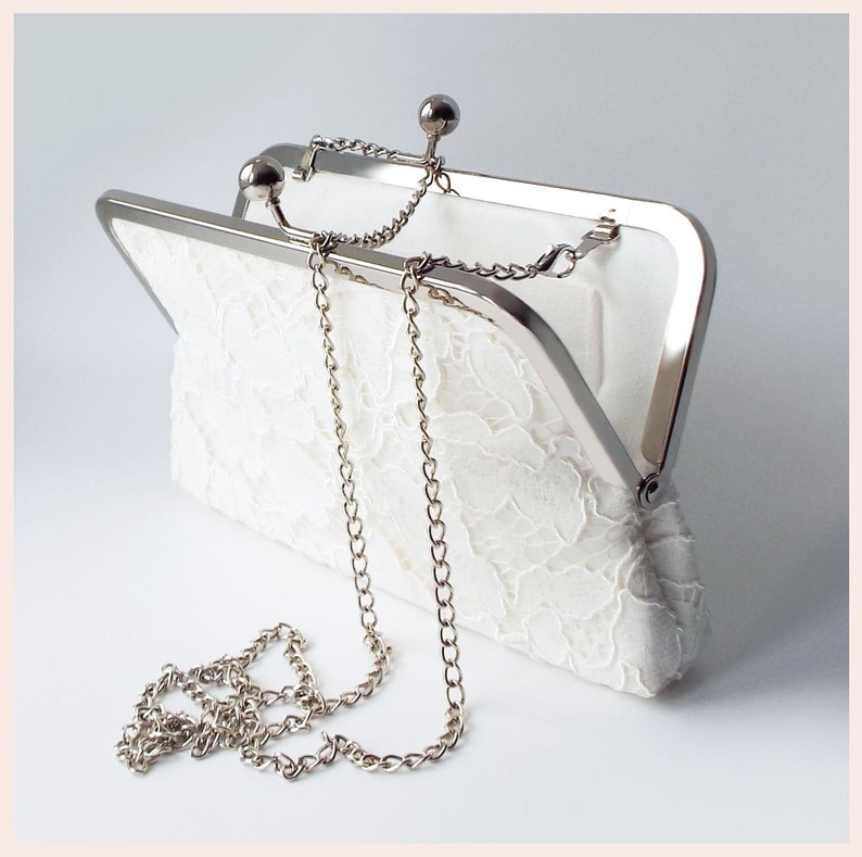 lace bridal clutch, ivory wedding purse, personalised gift for the bride bag & shoulder chain