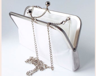 white bridal clutch bag, evening purse with chain, silk handbag for wedding