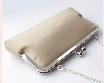 taupe clutch for wedding guest, beige evening bag, personalised clutch bag in silk