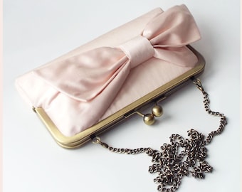 pale pink clutch bag with silk bow, purse for wedding, handmade gift with personalisation