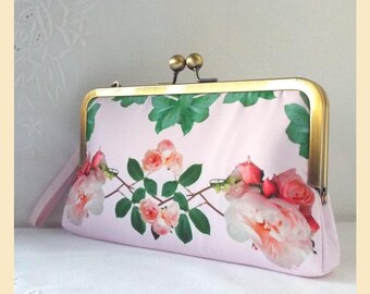 Wedding clutch bag, pink wristlet purse, roses print bridal purse, bridesmaid clutch, pink handbag with personalisation