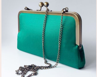 green clutch bag, evening bag, emerald green silk purse with chain