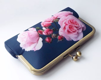 navy blue clutch bag, floral evening purse, pink and blue wedding clutch purse, personalised clutch with pink roses