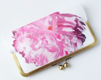 floral clutch bag with chain, white and pink peony print shoulder bag, clutch purse for summer wedding
