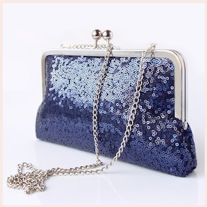 evening clutch, sequin clutch, navy blue evening bag with chain, sparkly clutch bag