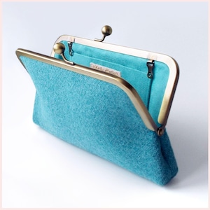 teal green clutch, Harris Tweed bag, personalised gift for her, handmade wool purse