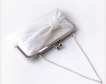 silk bridal clutch bag with bow, white or pink wedding purse, personalised gift