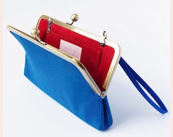 blue clutch purse, evening bag with wristlet, silk handbag for special occasion