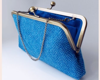 blue clutch purse, Harris Tweed bag, handmade wool herringbone handbag with chain or wristlet