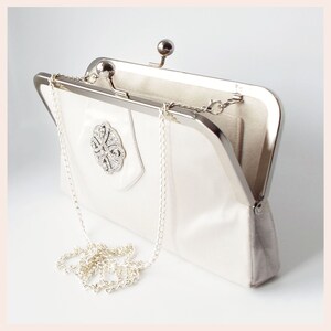 bridal clutch, wedding purse, greige silk evening bag with diamante trim bag & shoulder chain