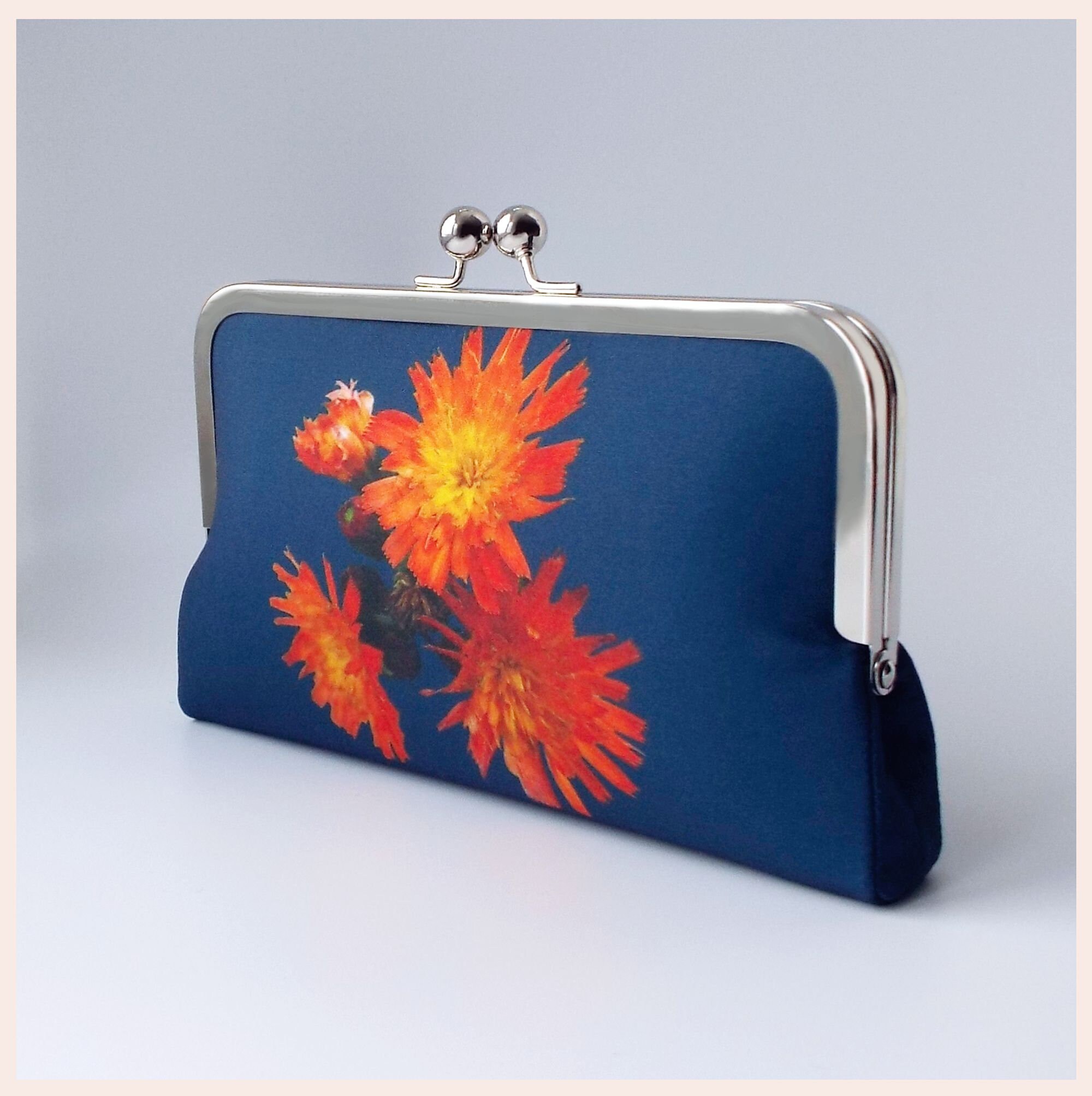 Floral Clutch Bag Navy Blue Evening Bag Orange Flower Purse Personalised Gift for Her