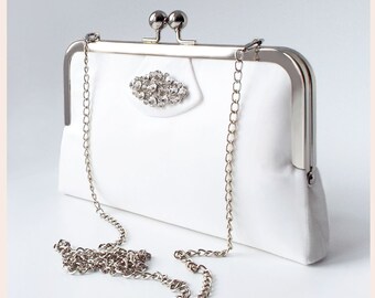 clutch bag for bride, white Art Deco purse for wedding, personalised bridal clutch with sparkly crystal diamante trim