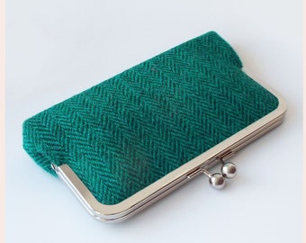 emerald green clutch purse, herringbone wool Harris Tweed bag, handmade personalised gift for her