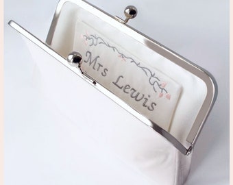 personalised bridal purse, Mrs clutch, wedding clutch bag in ivory silk