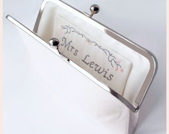 personalised bridal purse, Mrs clutch, wedding clutch bag in ivory silk