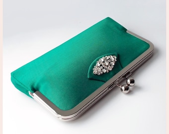 emerald green evening clutch bag, Art Deco style purse, personalised gift with sparkly crystal diamante embellishment