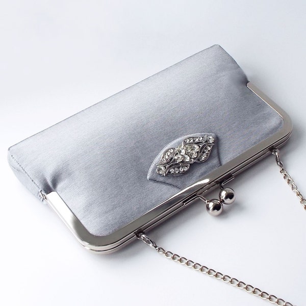 evening clutch, silver wedding purse, grey silk handbag for special occasion