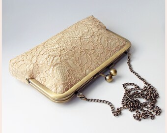 bridal clutch, champagne lace wedding purse, bag for the bride, wedding day handbag